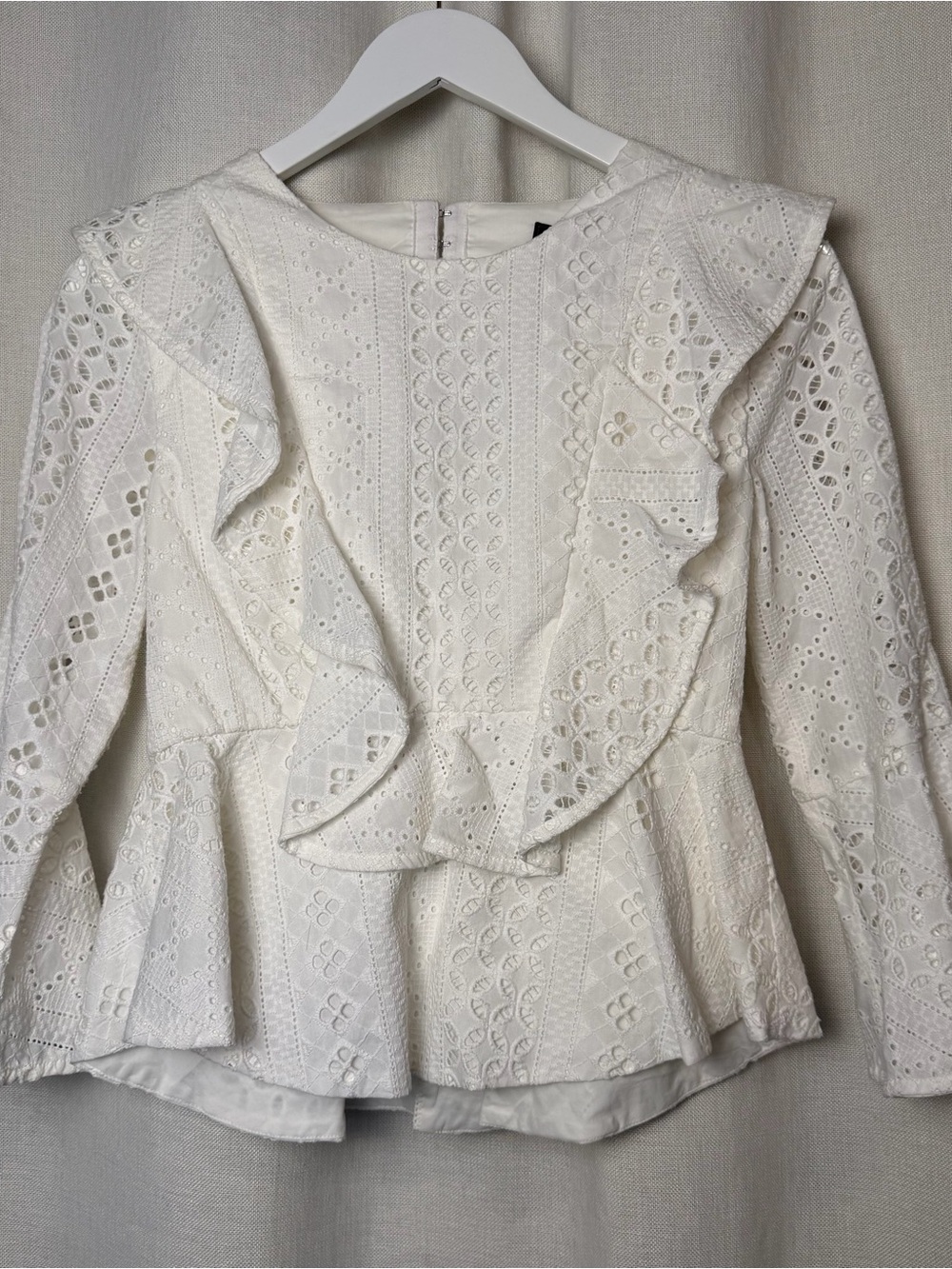 BCBGMaxAzria White Eyelet Ruffle Peplum Blouse
